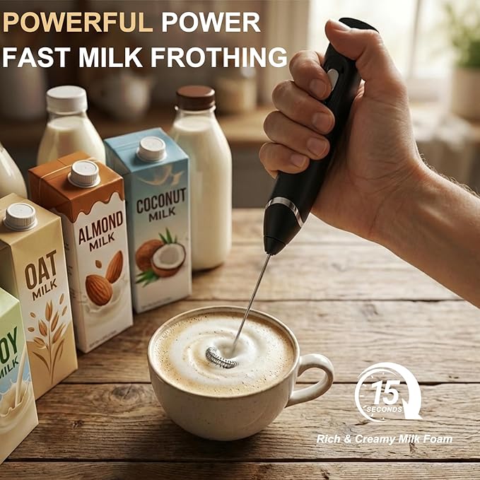 Rechargeable Plant Milk Frother Handheld, Coffee Milk Frother 3 Speed Portable Electric Foam Maker with 2 Detachable Stainless Steel Whisks for Plant-Based Milk Oat Almond Latte Cappuccino Matcha