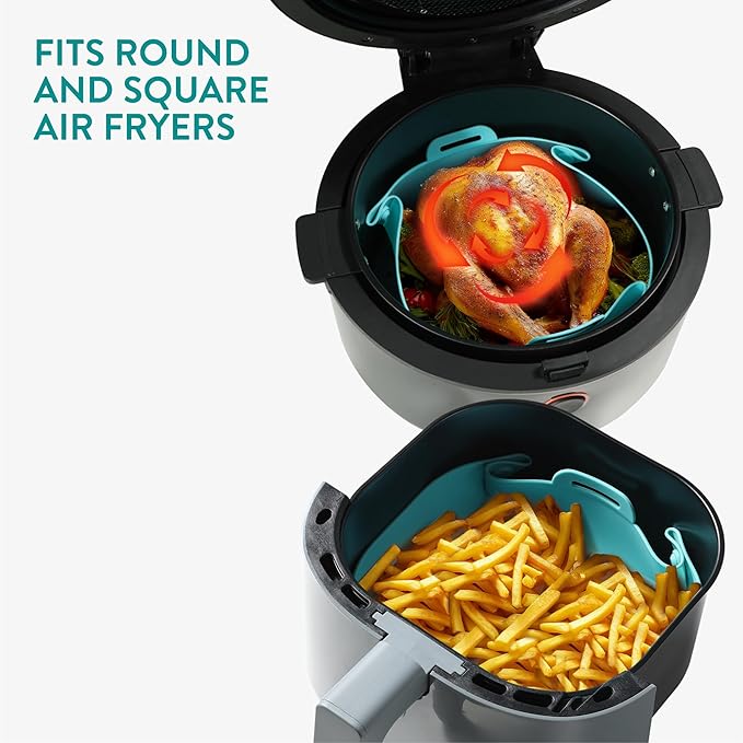 Navaris Silicone Air Fryer Liners (Set of 2) - Reusable Liner with Foldable Design 27cm x 6cm (10.6" x 2.4") - Basket Tray Mat - Dishwasher Safe - Blue