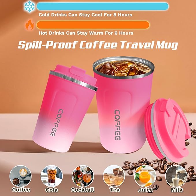 SPLMIFA Travel Coffee Mugs Leak-Proof, Reusable Coffee Cups with Lids, Stainless Steel Vacuum Insulated Coffee Tumblers, Thermal Insulation Cups for Men & Women Hot & Cold Drinks(2nd-Red White, 12OZ)