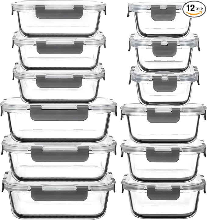 AILTEC 12 Pack Glass Food Storage Containers with Lids, Glass Meal Prep Containers Set with Leak Proof Lids, Airtight Lunch Container for Kitchen, Microwave, Oven, Freezer, Dishwasher Safe, Bpa free