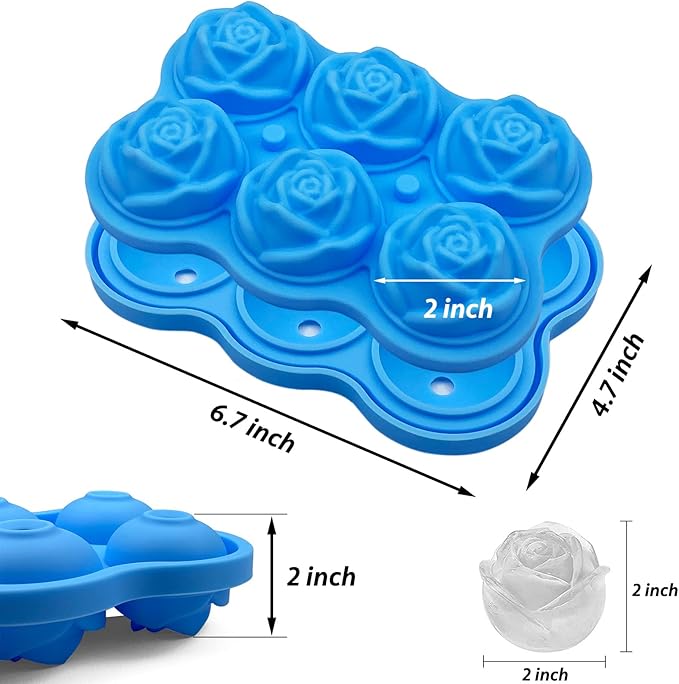 CAMKYDE Rose Ice Cube Tray 2 Inch [1 Mold + 1 Funnel + 6 Stoppers], 6 Cavity Silicone Rose Ice Cube Mold for Whiskey, Chilling Cocktails, Bourbon, Juice (Blue)