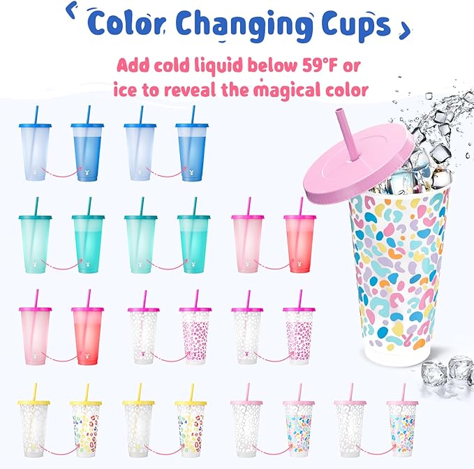 Meoky Plastic Cups with Lids and Straws - 12 Pack 24 oz Color Changing Cups, Iced Coffee Cups, Reusable Tumblers Bulk for Party, Car, Adults, Women, BPA-free (Solid & Patterned)