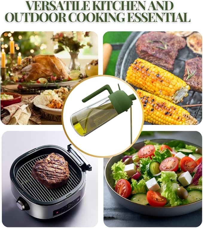 2-in-1 Oil Dispenser and Sprayer, 16oz/470ml Glass Olive Oil Spray Bottle for Cooking, Leakproof and Refillable Oil Mister for BBQ, Salad, and Baking (Green)