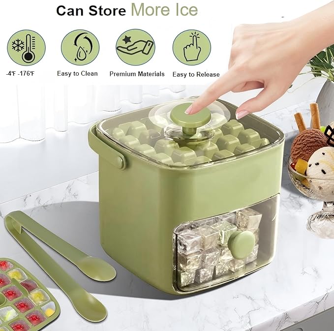 Ice Cube Tray with Lid & Bin Ice Maker Ice Trays for Freezer Ice Container- Reusable Ice Mold for Whiskey, Cocktail, Coffee, Beer Drinks with Ice Trays Ice Tongs (Green)