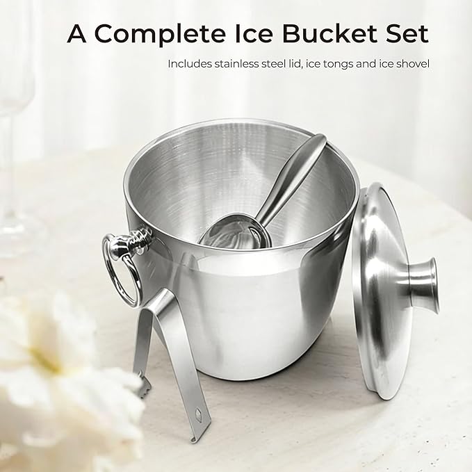 Fortune Candy Insulated Ice Bucket - Double Walled Stainless Steel Ice Bucket with Ice Tongs, Scoop, Lid, and Exclusive Handmade Nylon Holder - 2.8 L (Black)