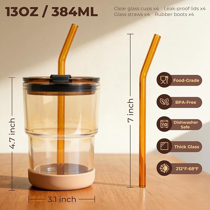 Zukro 13 oz Glass Iced Coffee Cups with Lid and Straw, Leak Proof Glass Tumbler for Ice Tea, Water, Non-Slip Silicone Bottom, Thick Wall Drinking Glasses for Home/Office, BPA Free, Amber 4 Pack