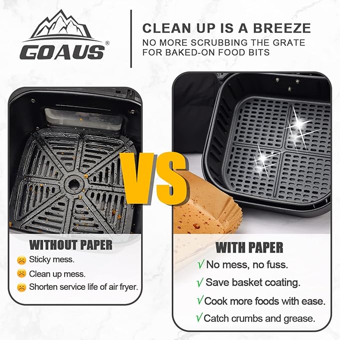 GOAUS Air Fryer 100 Pcs Square Paper Liners Disposable Extra Large for 8 Qt or Above Basket, 9 inch Unbleached Non-stick Parchment Paper