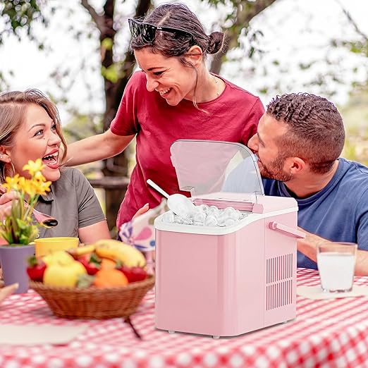 Ice Makers Countertop, Portable Ice Machine with Handle, 6 Mins 9 Bullet Ice Cubes with Basket and Scoop, 26lbs in 24Hrs, Auto-Cleaning, for Home, Kitchen, RV, Camping, Pink