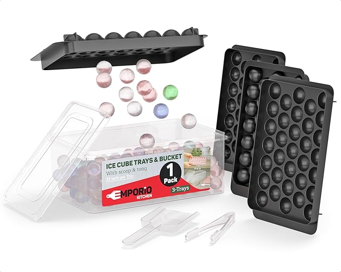 Emporio Kitchen Round Ice Cube Tray Set Pack of 1, BPA-Free Stackable Trays with Lid & Tongs, 33 Ice Balls Per Tray for Whiskey, Drinks, and Cocktails, Quick Release Round Ice Cube Mold, Black