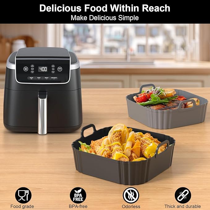 8.5 Inch Square Silicone Air Fryer Liners 2 Pack, Reusable Air Fryer Basket Liners for Ninja AF141 AF142 AF181, COSORI, Cuisinart, Chefman, Instant Air Fryer 5–6.5 QT