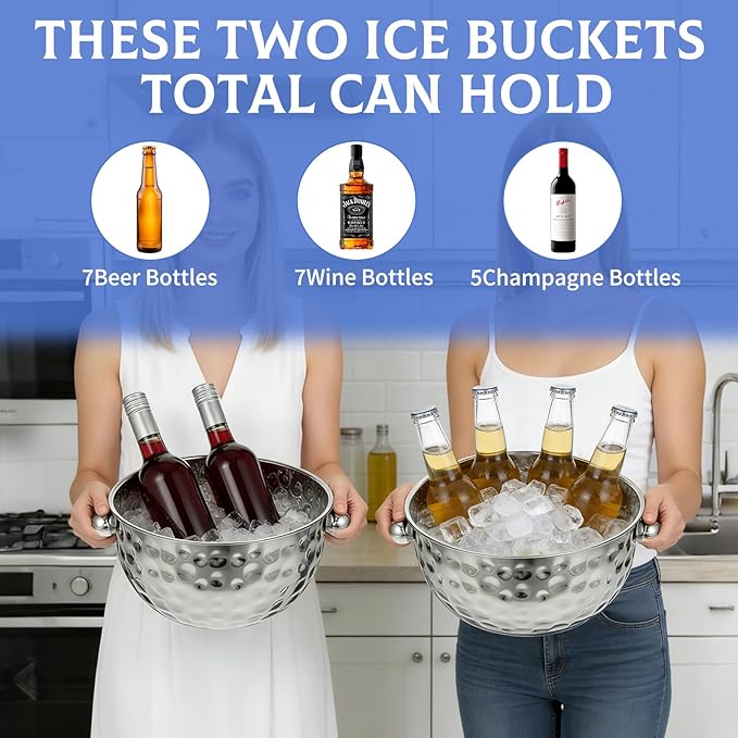 2 Pack Ice Buckets with Scoops, 4.6L&6L Metal Beverage Tubs, Stainless Steel Wine Bucket, Champagne Bucket, Large Ice Buckets for Parties Beer Bottle Drinks, Dishwasher Safe