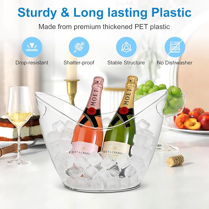 3.5L Ice Bucket for Parties, Portable Drink Bucket for Cocktail Bar, Plastic Champagne Cooler for Beverage/Wine/Beer/Juice, Mimosa Bar Supplies Chiller Tub with Scoop