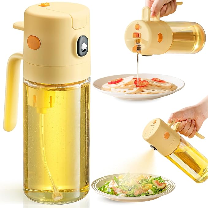 katbite 18.6 oz/550ml olive oil dispenser bottle for Cooking, 2 in 1 glass oil bottle and oil sprayer Non-Drip Leak-Proof Design, Fine Mist(0.5g/Spray) for Air Fryer, Salad, Yellow
