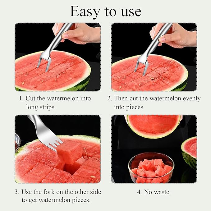 2-in-1 Watermelon Slicer Fork Stainless Steel Watermelon Cutter Tool Portable Dual Head Fruit Forks Slicer Summer Fruit Cutter for Home Kitchen