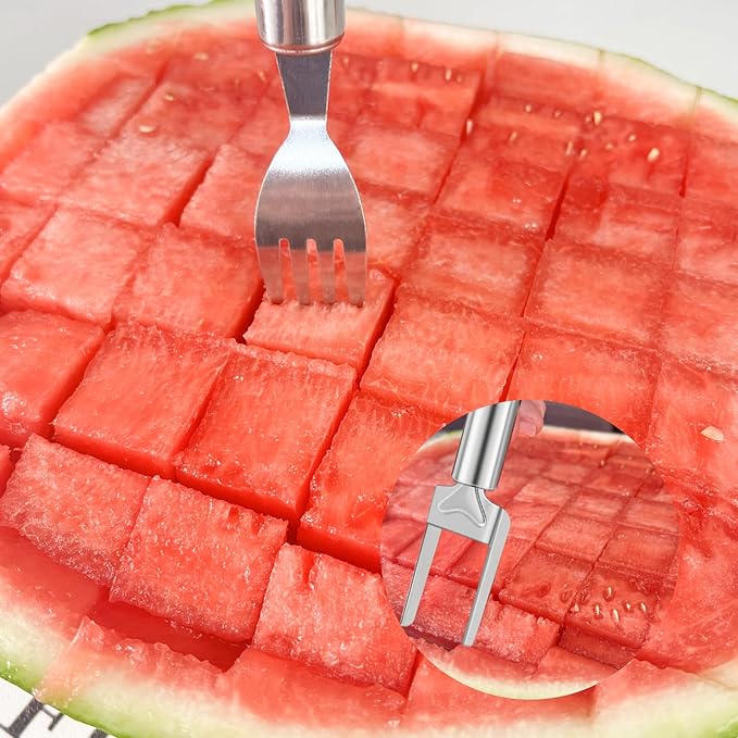 2-in-1 Watermelon Slicer & Fork – 2-Pack Stainless Steel Fruit Cutter Tool for Watermelon, Mango, Pitaya – Portable for Camping, Picnics, Home, Parties – Effortless Cubes & No Mess