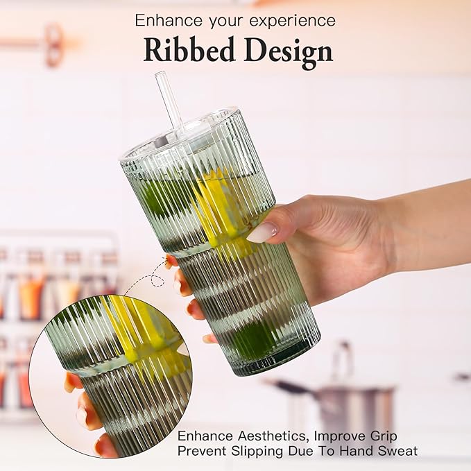 4PCS Green Ribbed Glass Cups with Lids and Straws, 20oz Vintage Drinking Glasses, Aesthetic Iced Coffee Cups, Glass Tumbler for Boba, Beer, Tea, Cocktails, Green Ribbed Glassware Set
