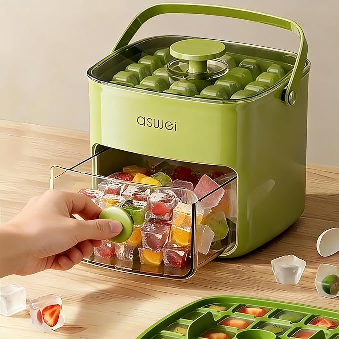Compact Ice Cube Tray with Lid and Bin, Mini Press-Type Ice Maker for Freezer, Space-Saving Small Ice Bucket with Tongs for RV, Office, Mini Fridge & Water Bottles, BPA-Free (Green)