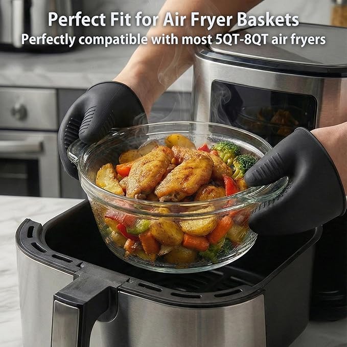 Glass Air Fryer Liners Set for 5-8 QT, Reusable Non-Toxic Glass Airfryer Basket Insert with Silicone Mitts & Trivet Mat, Oven & Dishwasher Safe Air Fryer Accessories