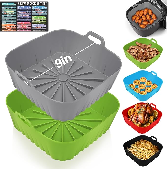 2 PCS Silicone Air Fryer Liners 9 Inch Square Easy Cleaning Airfryer Silicone Liners for 6-9 QT Frying Basket, Heat Resistant Reusable Ninja Air Fryer Accessories (Grey+Green)