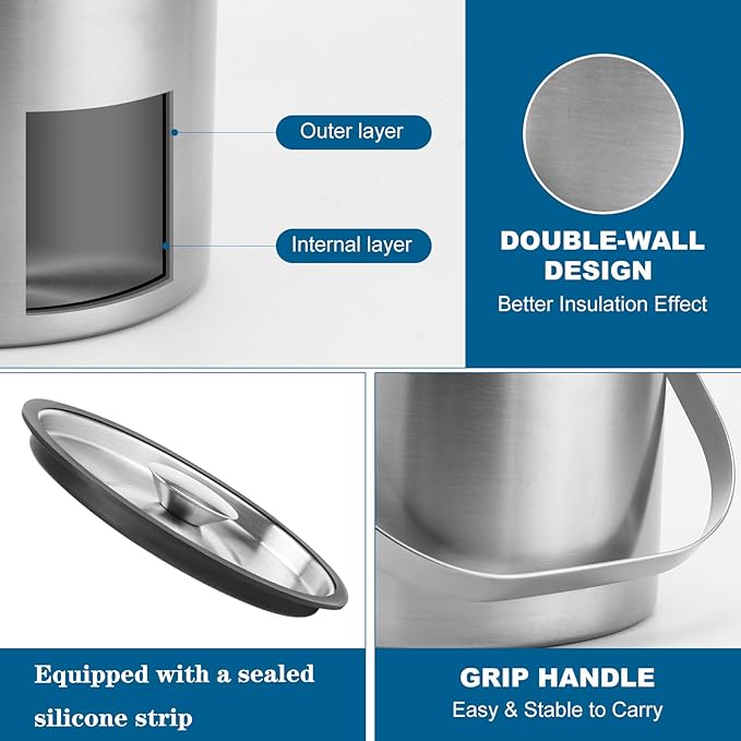 Ice Bucket, 4L Double Wall Insulated Ice Bucket with Lid,Scoop,Tongs- Inner Layer 304 Stainless Steel Ice Container Keep Ice Frozen Longer- Ideal for Cocktail Bar,Parties,Chilling Beer Win