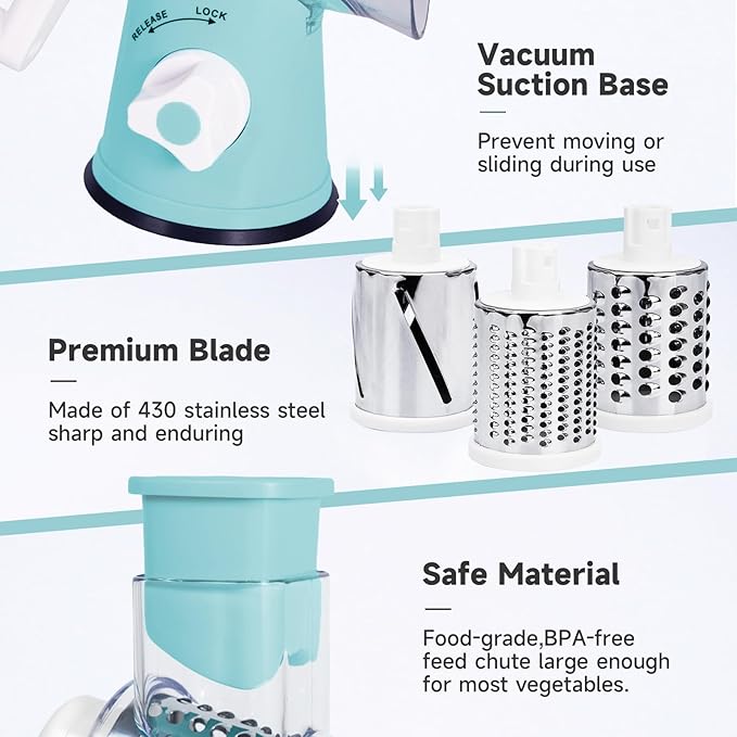 Rotary Cheese Grater, Cheese Grater Hand Crank with 3 Interchangeable Blades, Manual Cheese Shredder with Strong Suction Base, Easy to Use and Clean, Blue