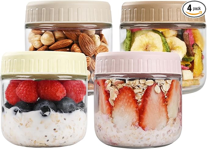 SHOWIN Overnight Oats Containers with Lids, 10oz Glass Jars with Lids 4 pcs, Wide Mouth Mason jars for Salad, Yogurt, Snacks, Meal Prep