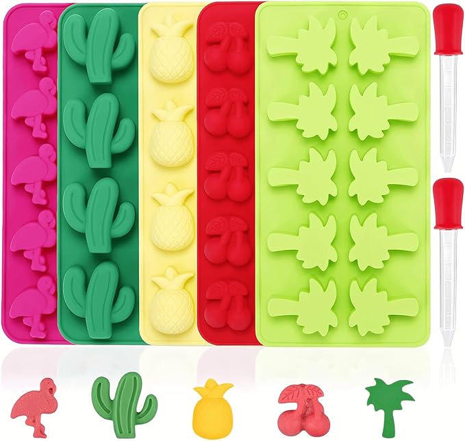 Fewo 5 Pack Hawaiian Tropical Themed Ice Cube Tray Summer Silicone Molds for Chocolate Candy Gummy Fruit Snack Fat Bomb Jello Mini Soap Crayon Melt (Cactus Pineapple Flamingo Coconut Tree Cherry)
