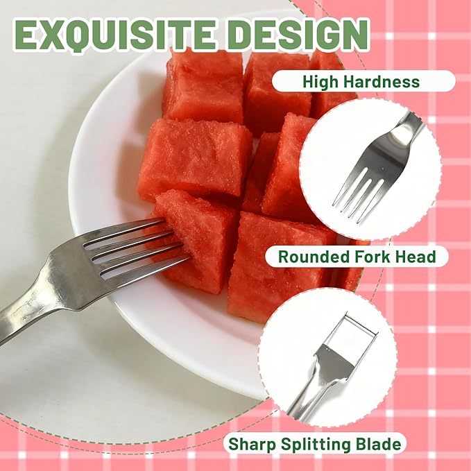 2Pcs Watermelon Fork Slicer Cutter, 2-in-1 Stainless Steel Fruit Watermelon Slicer, Portable Melon Cutter Knife Tool with Grip Handle for Home Party Camping Kitchen Gadget