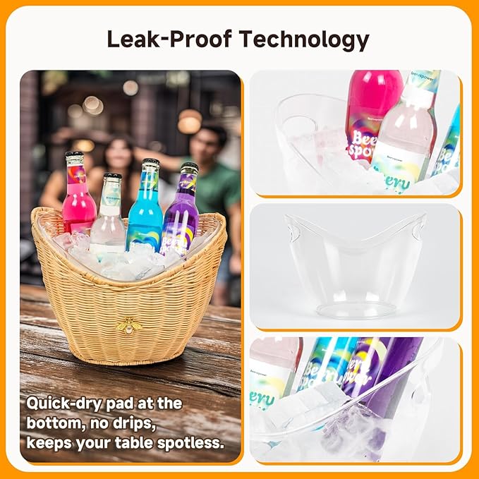 Lexenic 2 PCS Ice Bucket with Handle Hole, Woven and Acrylic Double Layer Basket Design, 4L Champagne Wine Ice Bucket for Cocktail Bar, Parties, Picnics- Anti Frozen Hands Anti Water Leakage (Rattan)