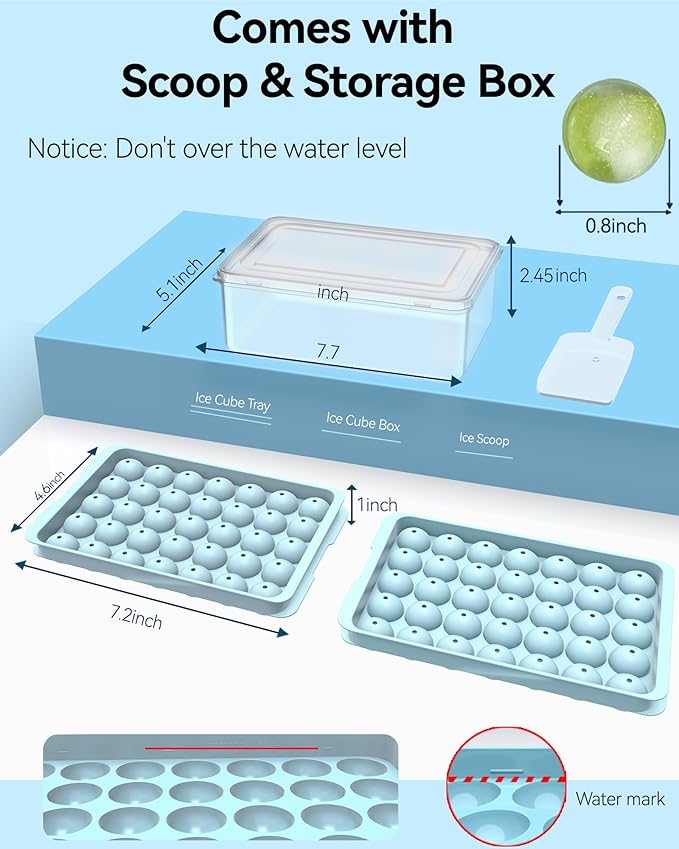 Ice Cube Trays with Lid and Bin, BPA-Free Mini 0.75 Inch Sphere Ice Molds, 2-Pack Small Round Ice Ball Trays, Easy Release, Includes Scoop & Ice Storage Box for Cocktails, Coffee