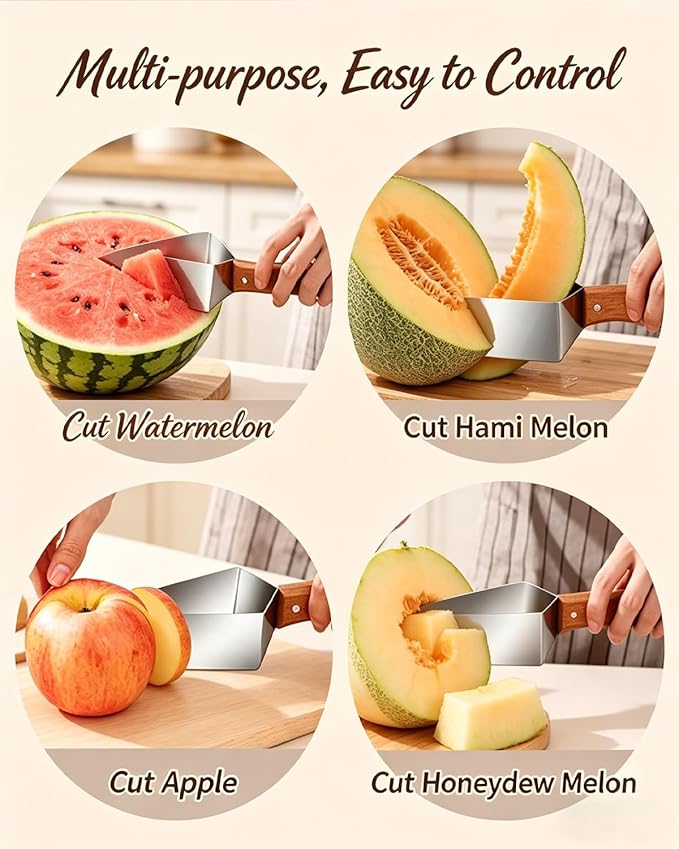 2026 Stainless Steel Watermelon Slicer, Watermelon Cutter Slicer Tool with Wooden Handle, Triangle Fruit Melon Knife Kitchen Gadgets for for A Wide Variety, Cantaloupe, Honeydew, Apples(3pcs#)
