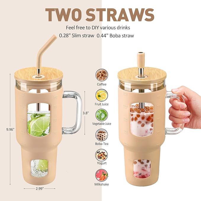 WINSA Glass Tumbler with Straw and Lid, 40 oz glass cup with handle, Glass Water Bottles with Time Marker, Silicone Protective Sleeve-Amber