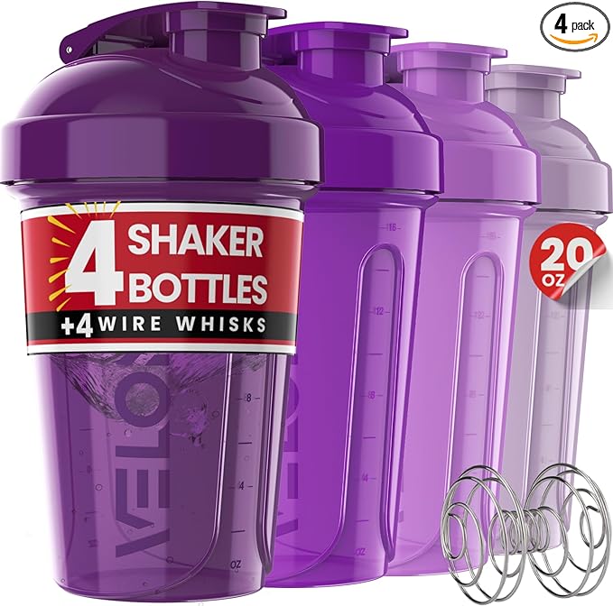 VELOMIX -4 PACK- 20 oz Protein Shaker Bottle for Protein Mixes - 4x Wire Whisk | Leak Proof Shaker Cups for Protein Shakes | Stackable Protein Shaker Bottle Pack | Dishwasher Safe (Purple Bloom)
