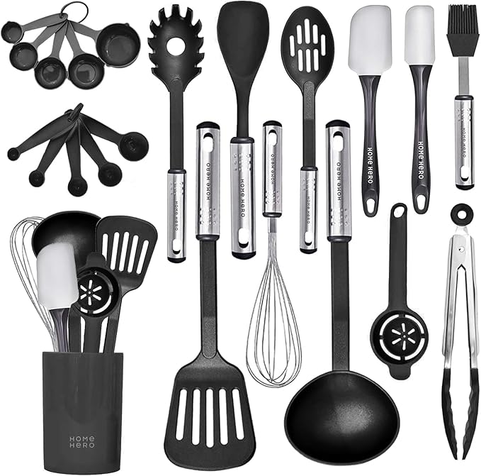 Home Hero 44 Pcs Silicone Kitchen Utensils Set, Non-Stick Silicone Cooking Utensils Set with Spatula, Wooden Handle Spatula, Silicone Kitchen Gadgets Utensil Set (44 Pcs - Gray)
