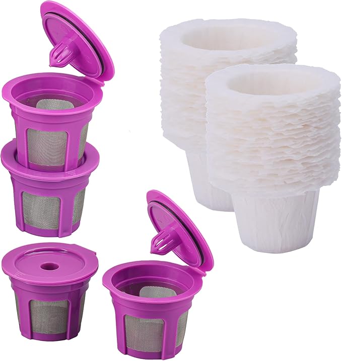 Haetyly 4 Pack Reusable K Cup Coffee Pods with 100 Count Disposable Coffee Paper Filters,Compatible with Keurig Single Serve Coffee Maker 2.0 & 1.0