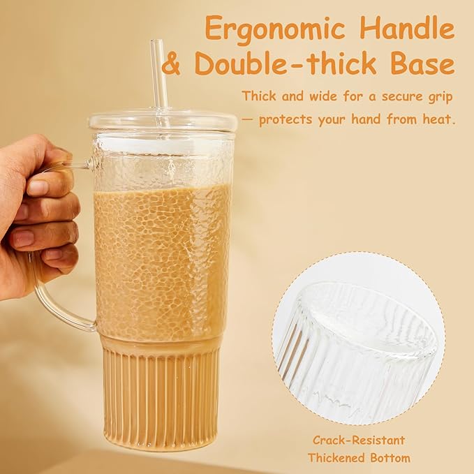 JunVpic Glass Cups with Lids and Straws,24oz Glass Tumbler with Handle Iced Coffee Cup for Coffee,Juice,Tea,Milk,Smoothie,Hot & Cold Drinks (Clear)