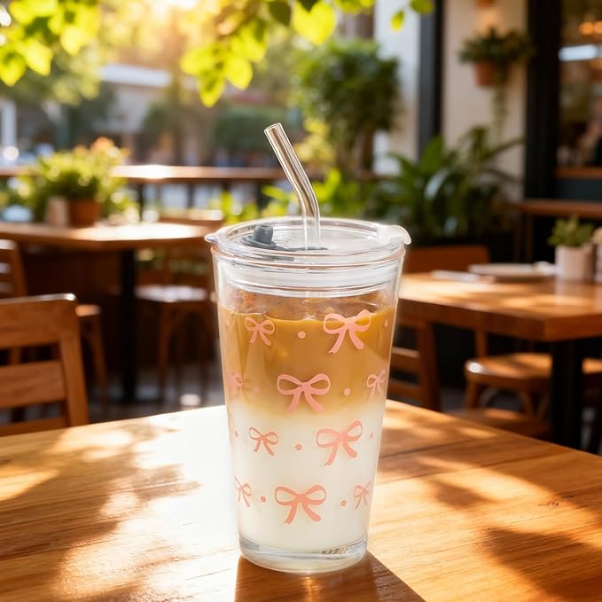Olvini Coquette Cute Pink Bow Glass Cups with Lids and Straws, Aesthetic Iced Coffee Cups, Preppy Glass Cups, Coffee Tumbler, Matcha Cup, Teen Girl Gifts Trendy Stuff (Bow)