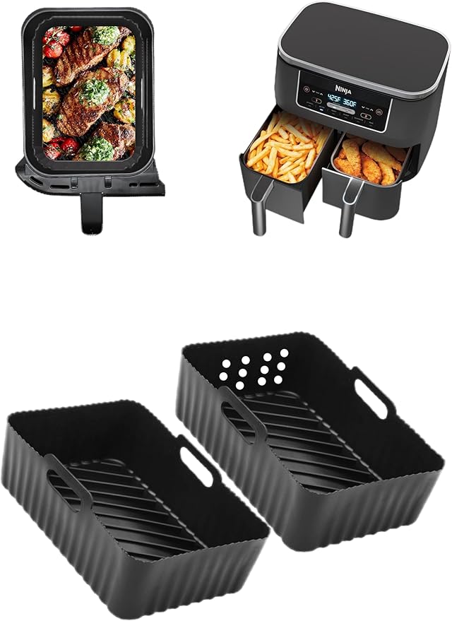 Szyeequoo Silicone Air Fryer Liners 2 Pack for Ninja Dual Zone, 1 Perforated and 1 Solid, Rectangle Reusable Liners for DZ201 DZ401 DZ550 DZ302, COSORI 9QT Instant Chefman Dual Basket Air Fryers