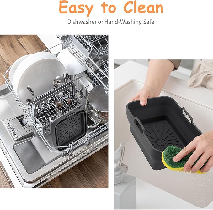 2Pcs Air Fryer Silicone Liners for Ninja SL401 /DZ201/ DZ401/ DZ550 8-10 QT, Reusable Liners for COSORI, Chefman, Instant Air Fryer, Silicone Air Fryer Basket Liners with Magnetic Cheat Sheet, Black
