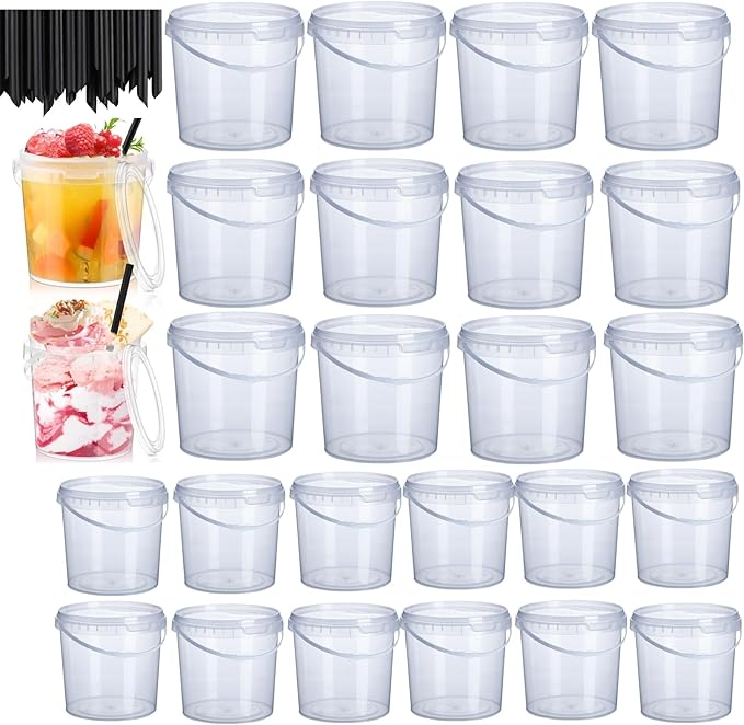 24 Pack Ice Cream Bucket with Lids and Handles, 25OZ/ 33OZ Clear Plastic Rum Bucket Cocktail Drinks Containers, Plastic Food Storage Pail Tub for Summer Cold Drink Beach Parties
