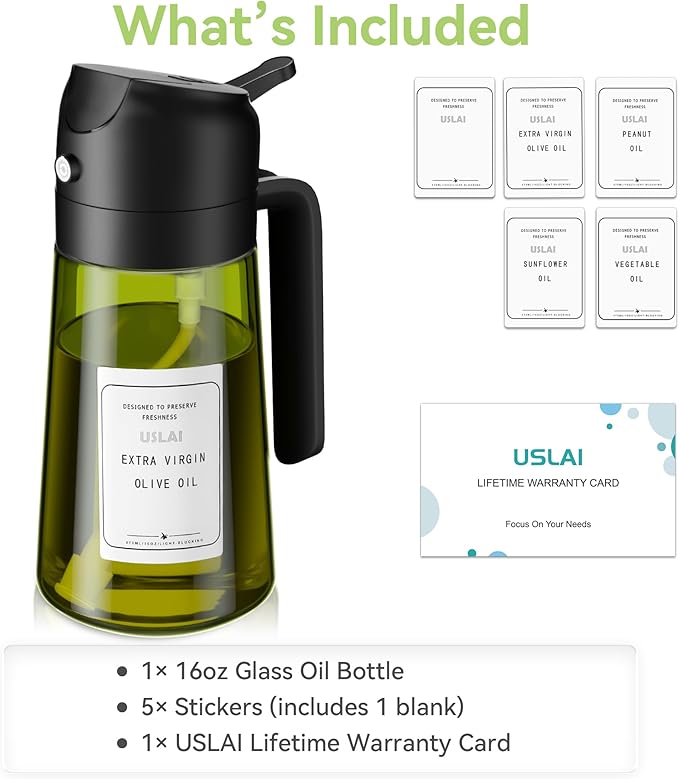 USLAI Oil Sprayer for Cooking, 16oz/470ml 2 in 1 Glass Olive Oil Dispenser Bottle for Kitchen, Air Fryer, BBQ and Salad - Green
