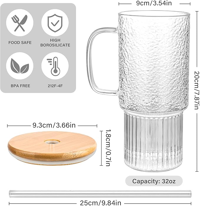 32oz Ribbed Glass Cup with Handle Lid and Straw, Borosilicate Glass Tumblers, Iced Coffee Cups Modern Glass Mug Hot/Cold Drinks for Smoothies, Tea, and Juice (clear-1 Pack-Bamboo Lid)