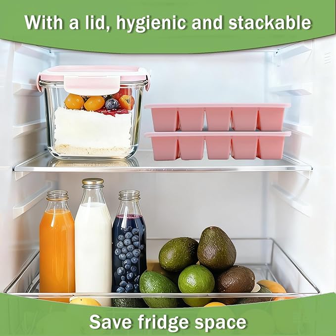 Ice Cube Trays for Freezer, 2 Pack Easy Release Slicone Ice Cube Tray with Lid, BPA Free Stackable Flexible Ice Molds 15 Square Reusable Ice Cubes for Whiskey, Baby Food, Iced Coffee (Pink)