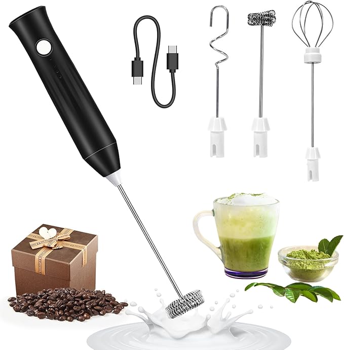 Milk Frother Handheld Rechargeable USB C, 3-in-1 Coffee Frother Wand Drink Mixer Electric Whisk Stirrer with 3 Detachable Stainless Steel Heads, 3 Speed Powder Mixer Foam Maker for Mom's Gift, Black