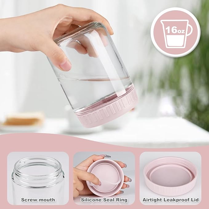 SHOWIN Overnight Oats Containers with Lids, 16oz Glass Jars with Lids 2 pcs, Pink, Wide Mouth Mason jars for Salad, Yogurt, Snacks, Meal Prep