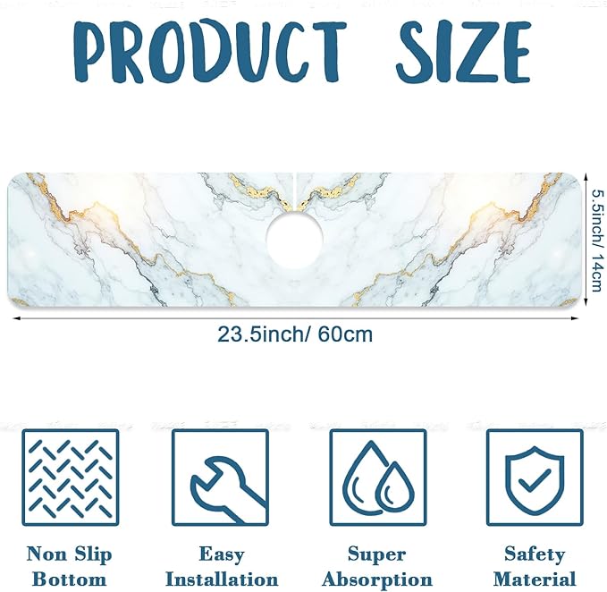 Marble Pattern Sink Splash Guard Gray Gold Marble Faucet Absorbing Mat Fast Drying Mat Sink Gadgets Splash Guard Behind Faucet Drip Catcher for Kitchen Bathroom, 23.5"x5.5"