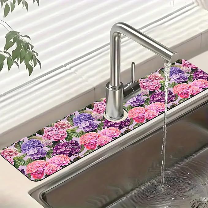 Colorful Hydrangea Kitchen Sink Splash Guard Faucet Mat Purple Pink Hydrangea Super Absorbent Fast Drying Mat Sink Splash Guard Behind Faucet for Kitchen Bathroom, 23.5"x5.5"