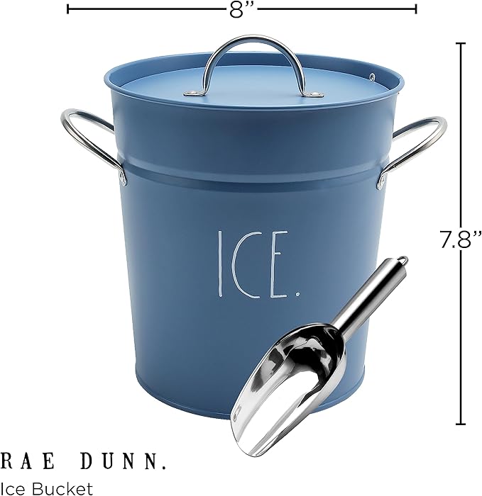 Rae Dunn Ice Bucket with Scoop - Stainless Steel Bucket with Handle, Lid and Ice Scooper - 4 Qt. Storage Bin for Ice Cubes for Bars, Parties, Backyard Barbeques, Picnics, and Camping (Blue)