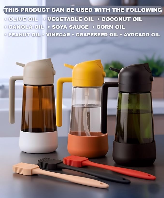 Oil Dipenser Bottle with Silicone Bottom And Silicone Brush, 2 in 1 Olive Oil Sprayer and Dispenser, Oil Spray Bottle 470ML/ 17OZ for Cooking, Kitchen, BBQ, Air Fryer, Salad, Baking