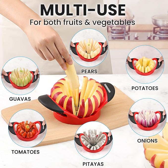 SCHVUBENR 16-Blade Apple Slicer and Corer - 4.72 Inch Sharp Stainless Steel Apple Cutter - Professional Apple Divider Tool for Quick Slices - Easy to Use & Clean - Slice Fruits with Ease - Red